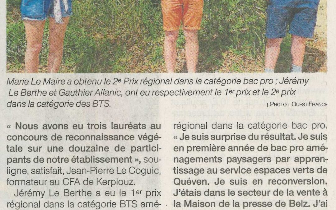 Trois élèves de Kerplouz primés (1 article Ouest-France + 1 article Le Télégramme)