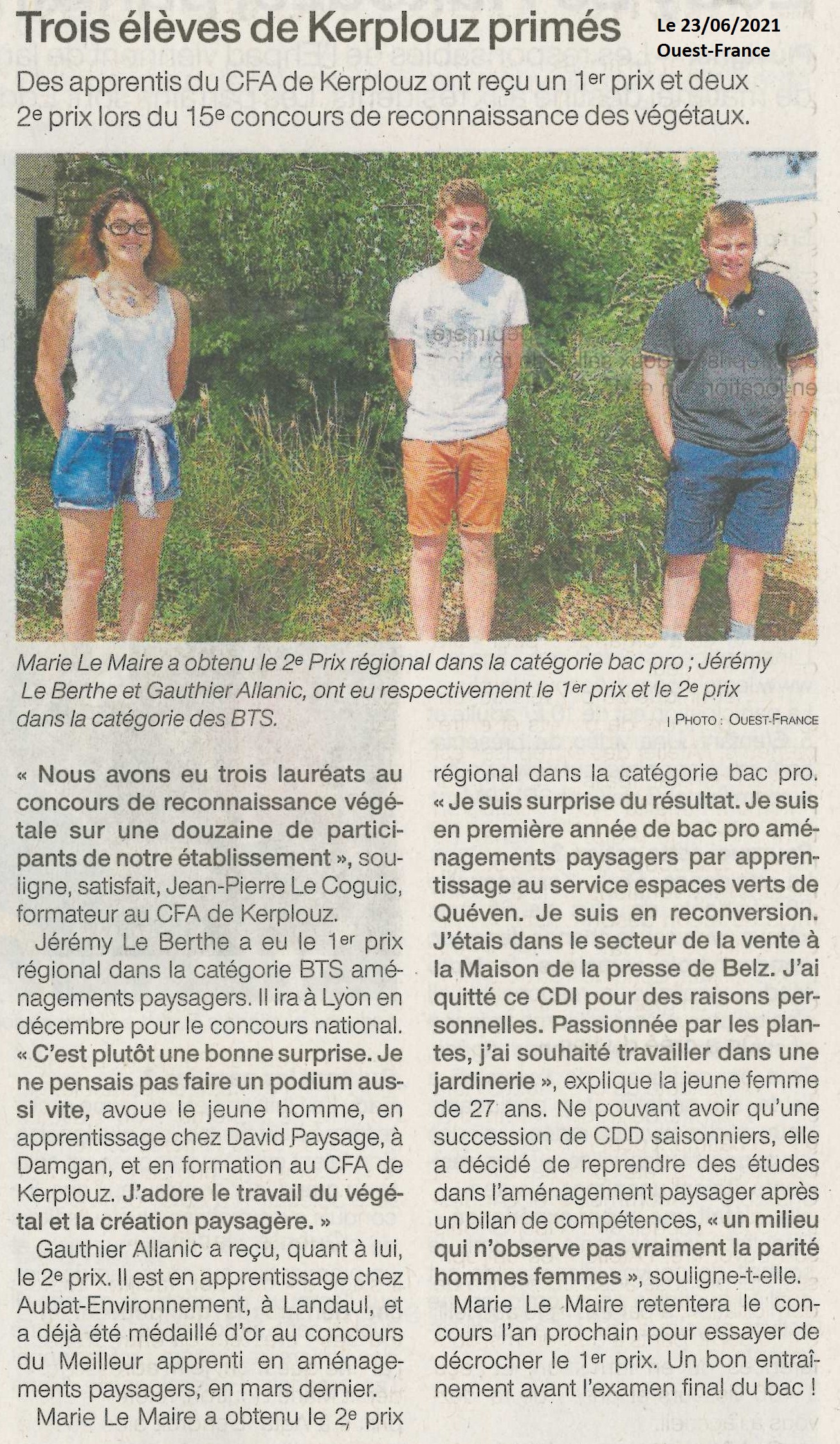 Trois élèves de Kerplouz primés (1 article Ouest-France + 1 article Le Télégramme)