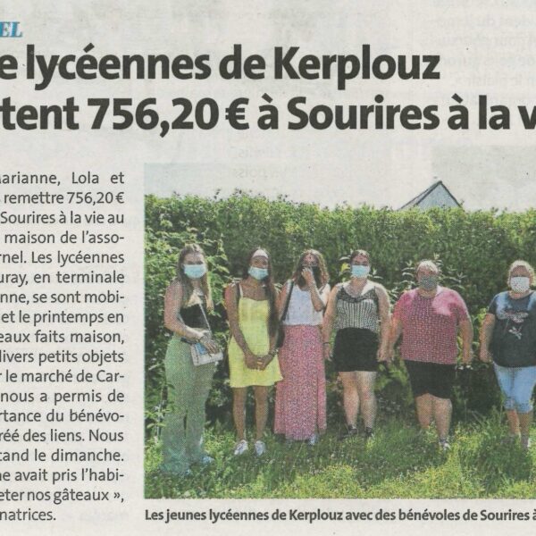 Plouharnel : Quatre lycéennes de Kerplouz remettent 756,20 euros à Sourires à la vie (1 article Le Télégramme + 1 article Ouest-France)
