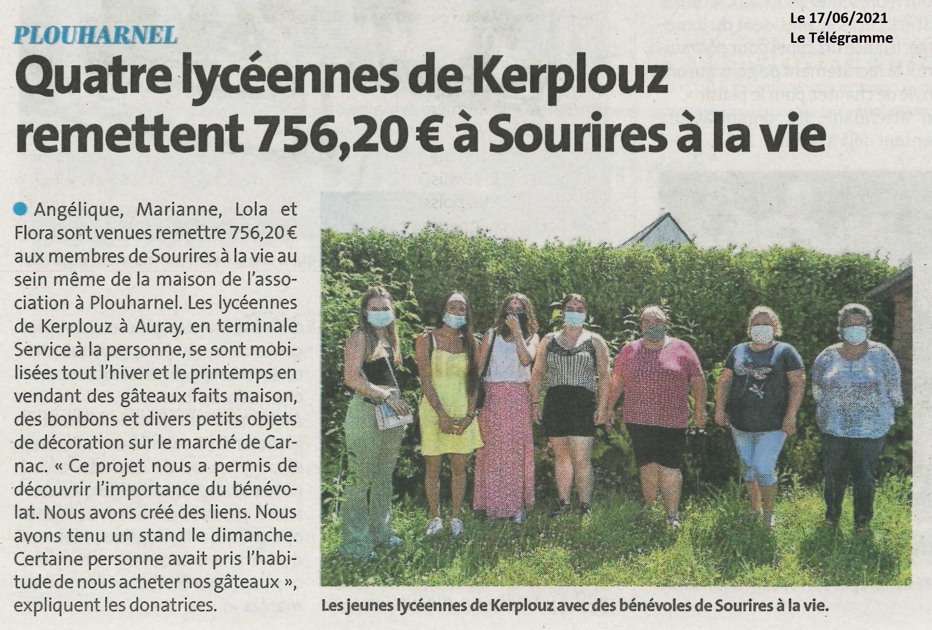 Plouharnel : Quatre lycéennes de Kerplouz remettent 756,20 euros à Sourires à la vie (1 article Le Télégramme + 1 article Ouest-France)