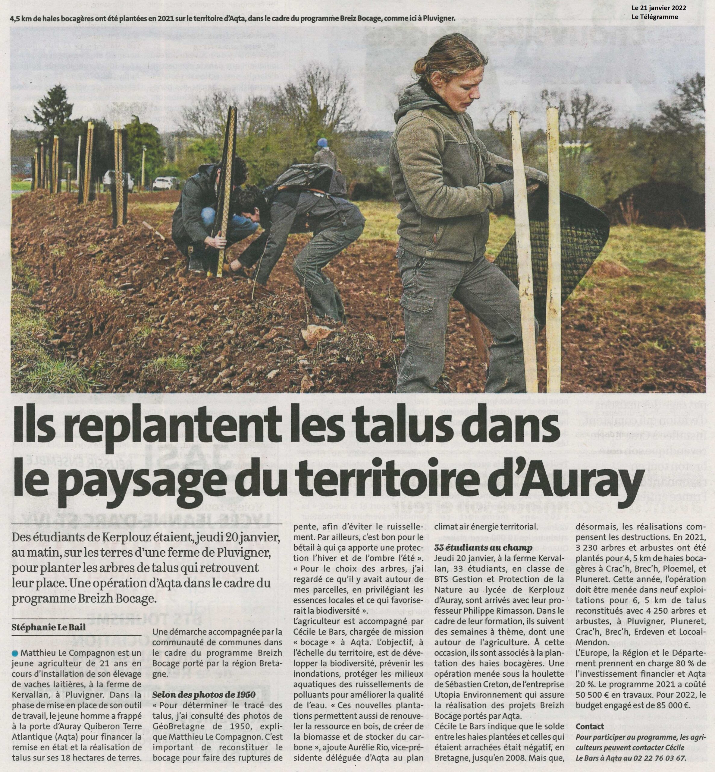 Ils replantent les talus dans le paysage du territoire d’Auray (2 articles Le Télégramme + Ouest-France)