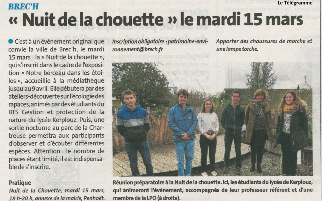 « Nuit de la chouette » le mardi 15 mars (1 article Ouest-France + 1 article Le Télégramme)