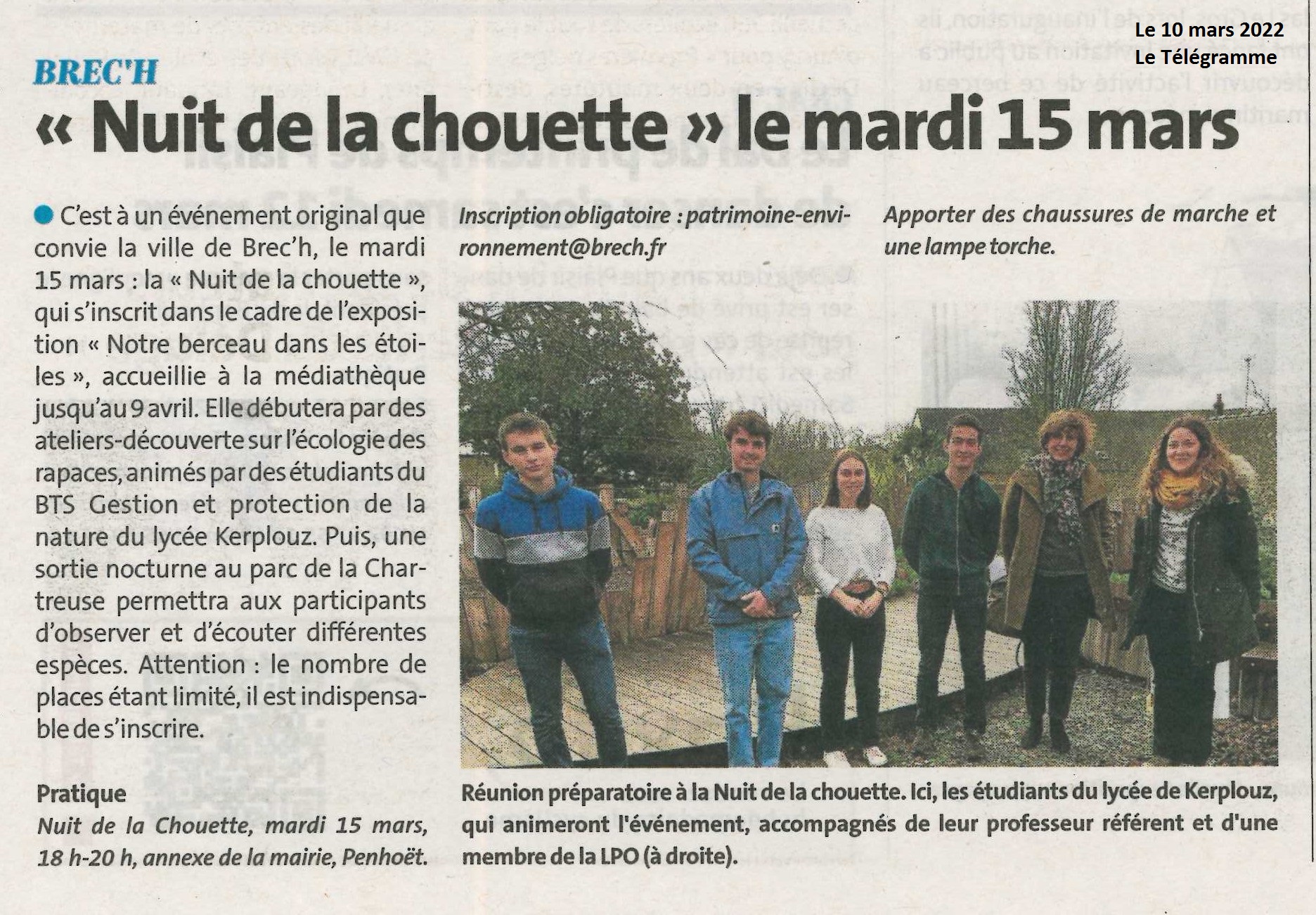 « Nuit de la chouette » le mardi 15 mars (1 article Ouest-France + 1 article Le Télégramme)