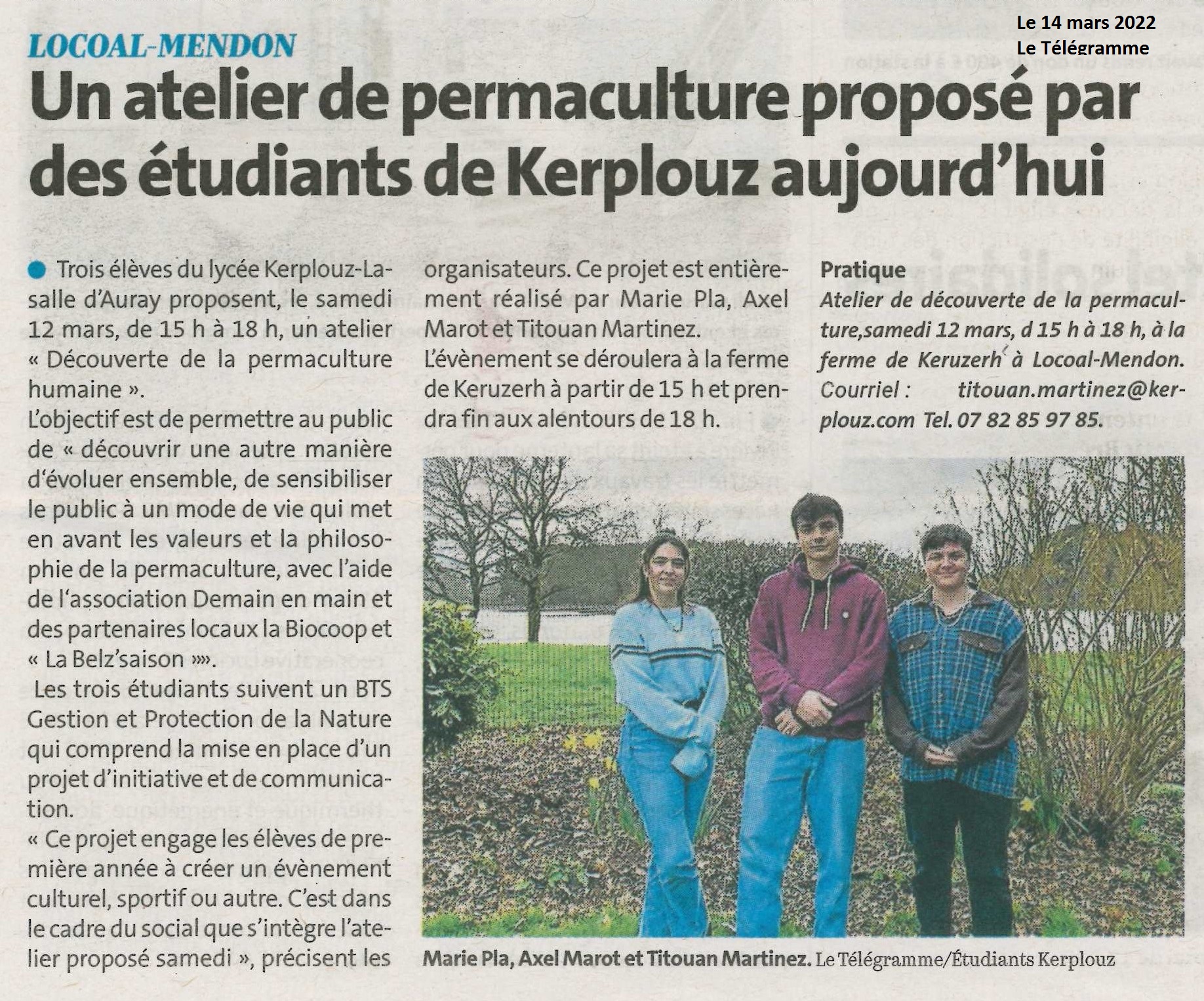 Un atelier de permaculture proposé par des étudiants de Kerplouz aujourd’hui (1 article Le Télégramme + 1 article Ouest-France)