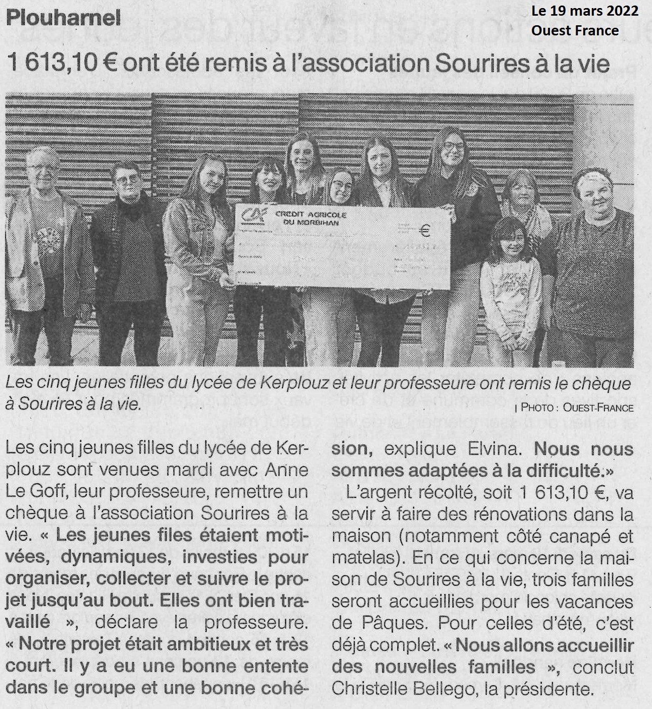 1 613,10 € ont été remis à l’association Sourires à la vie