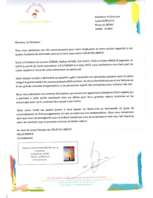 Courrier de remerciements Assocication « Coeur en liberté »