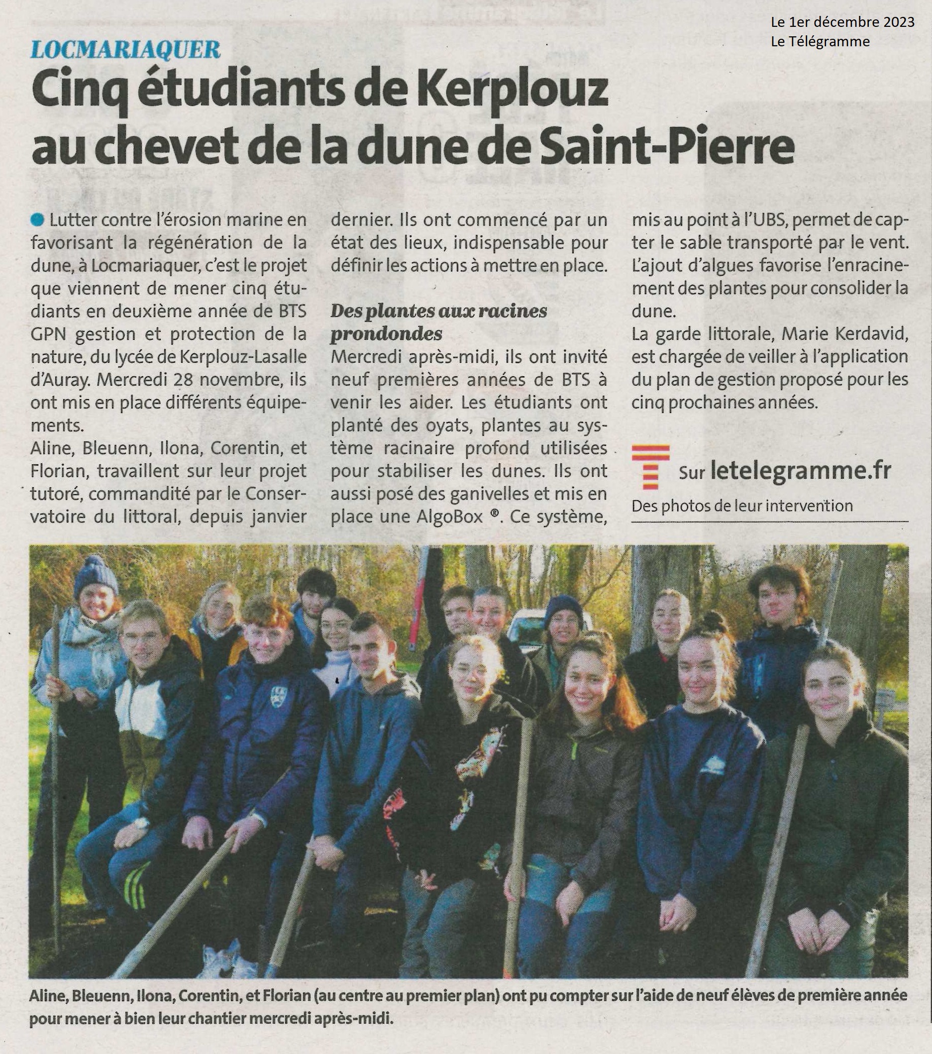 Cinq étudiants de Kerplouz au chevet de la dune de Saint-Pierre
