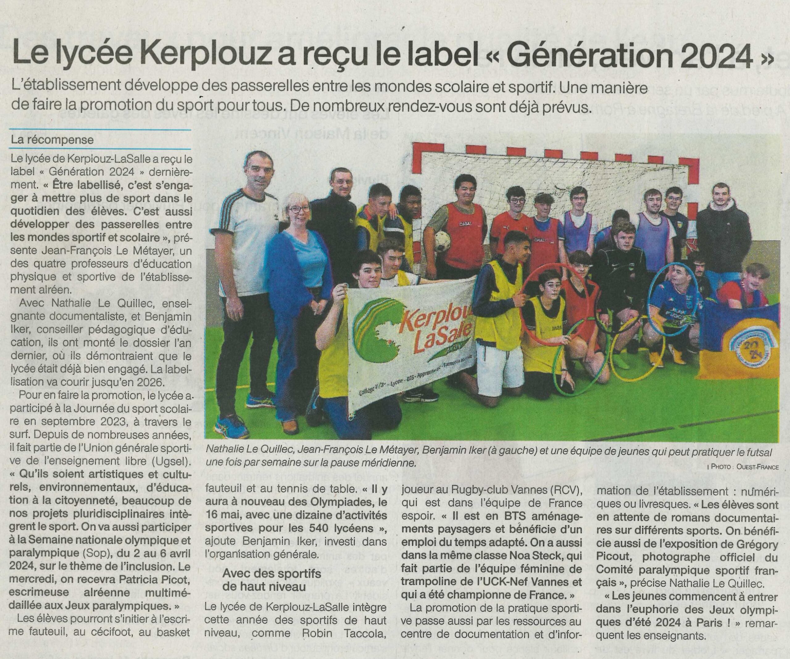 Le lycée Kerplouz a reçu le label « Génération 2024 »