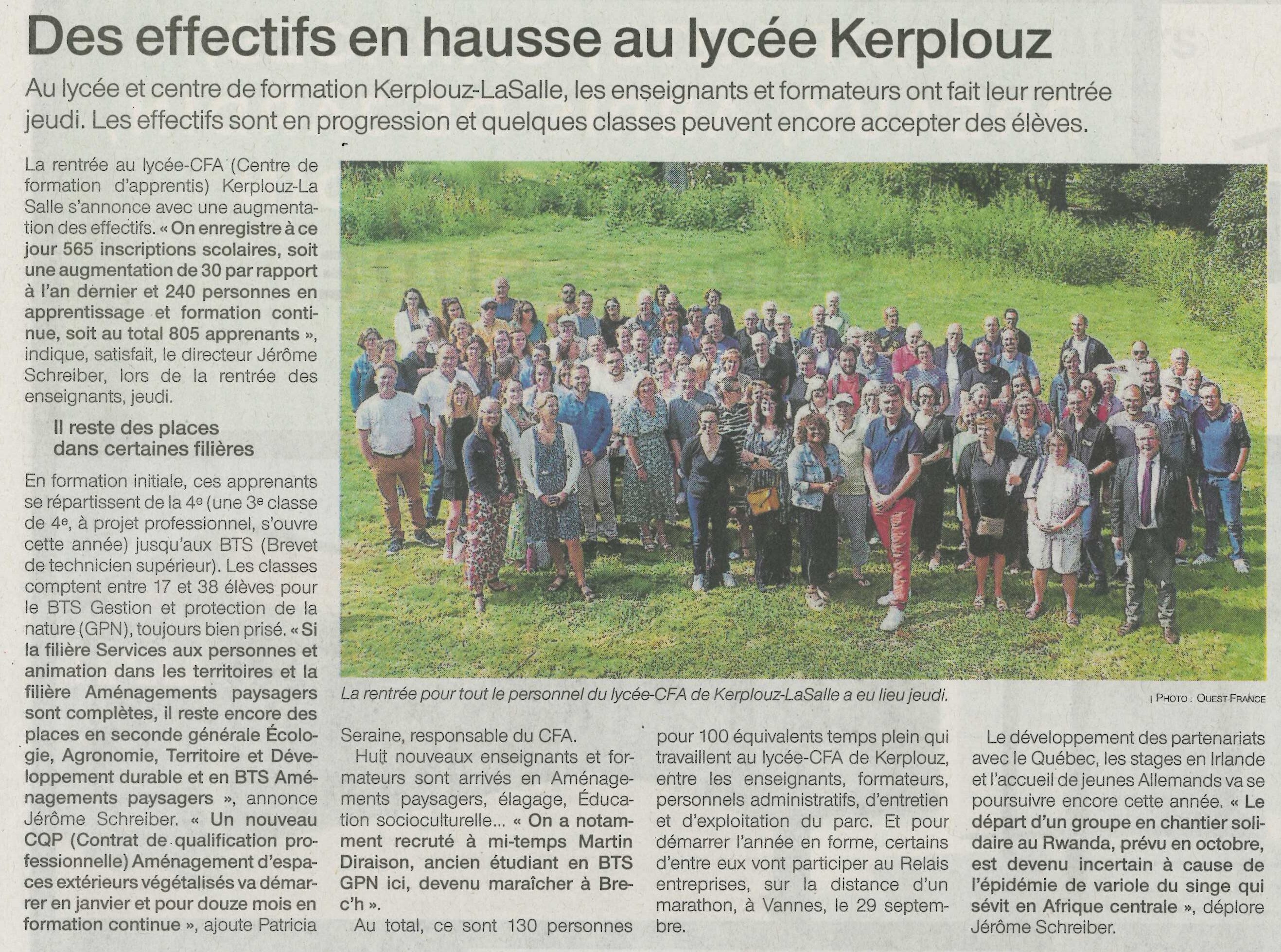 Des effectifs en hausse au lyc&eacute;e Kerplouz