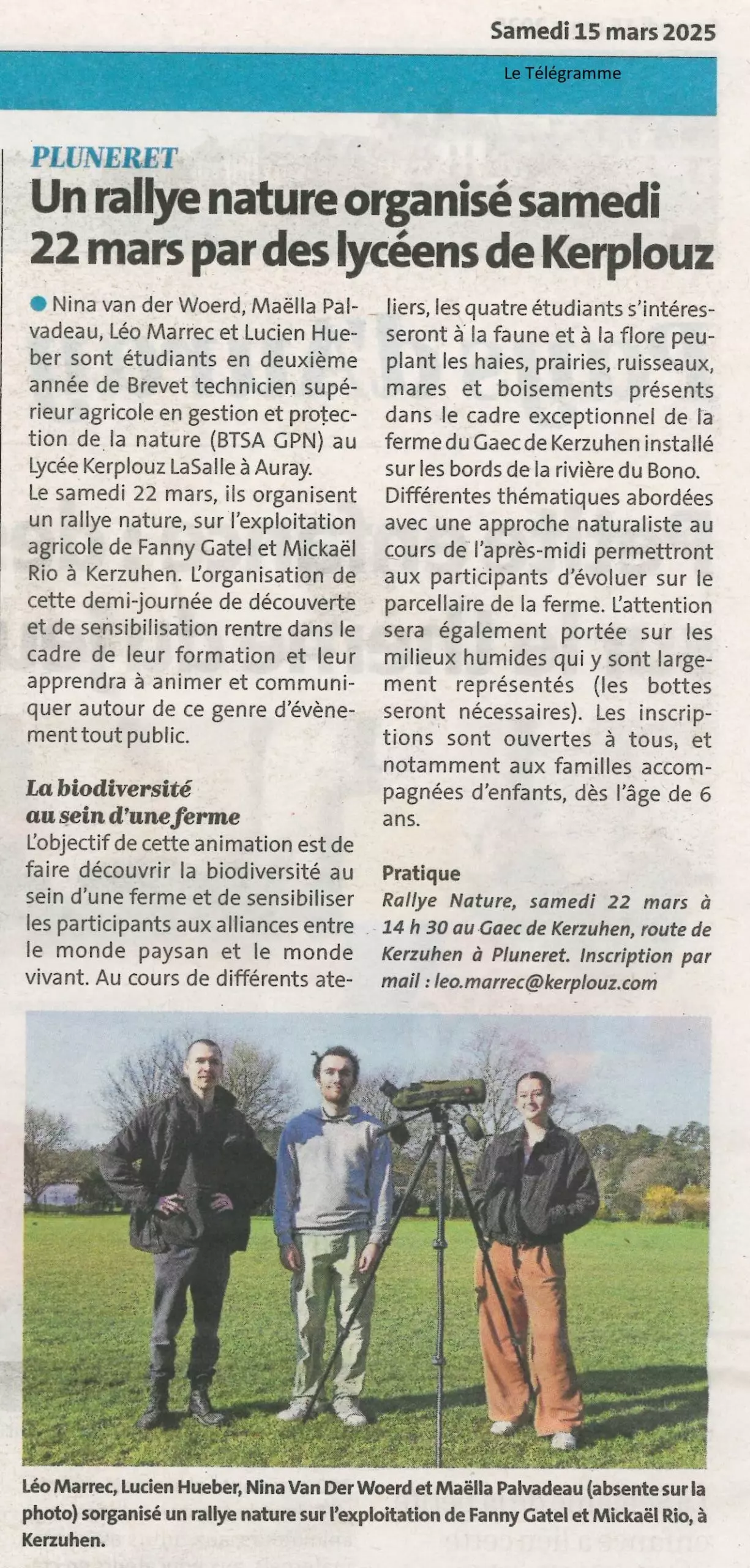 Un rallye nature organis&eacute; samedi 22 mars par des lyc&eacute;ens de Kerplouz