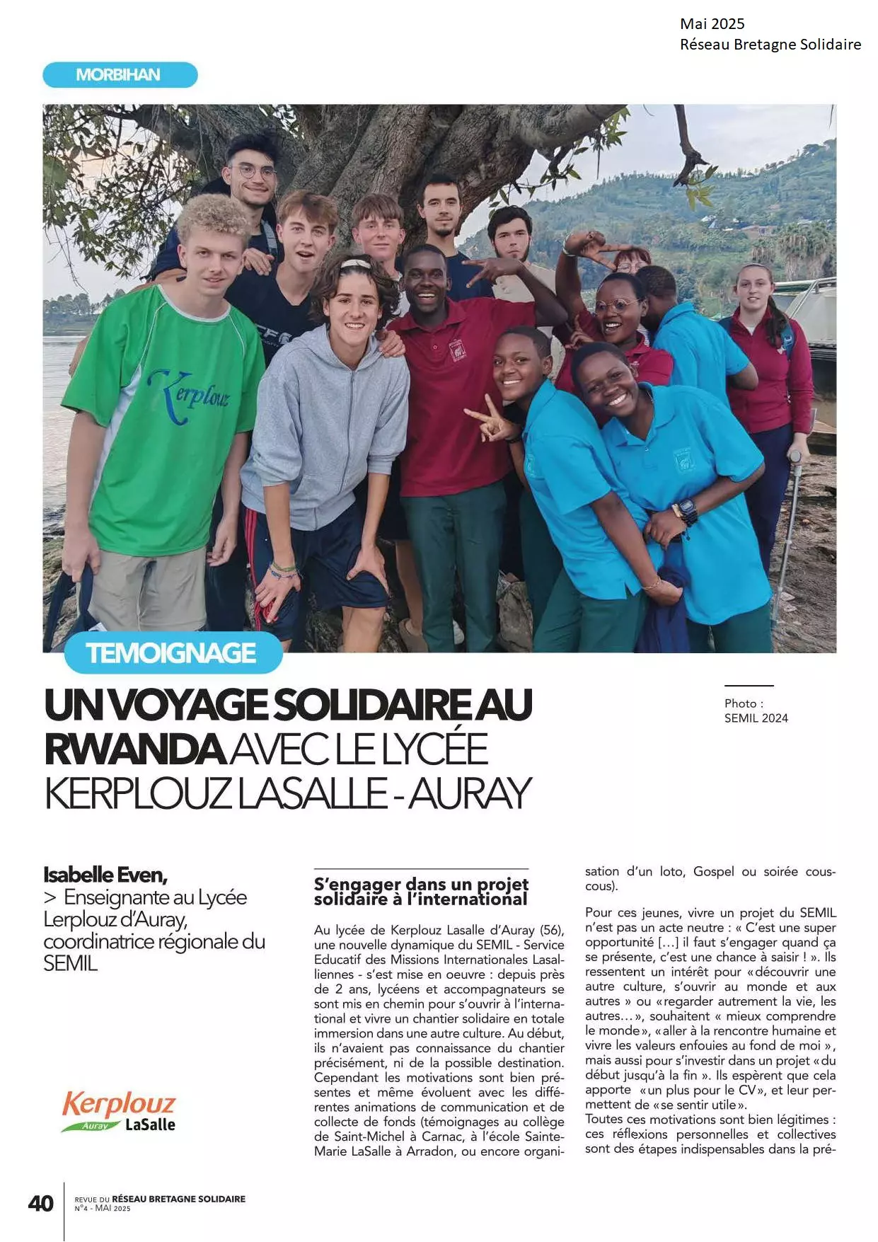 Un voyage solidaire au Rwanda avec le lyc&eacute;e Kerplouz-LaSalle &ndash; Auray
