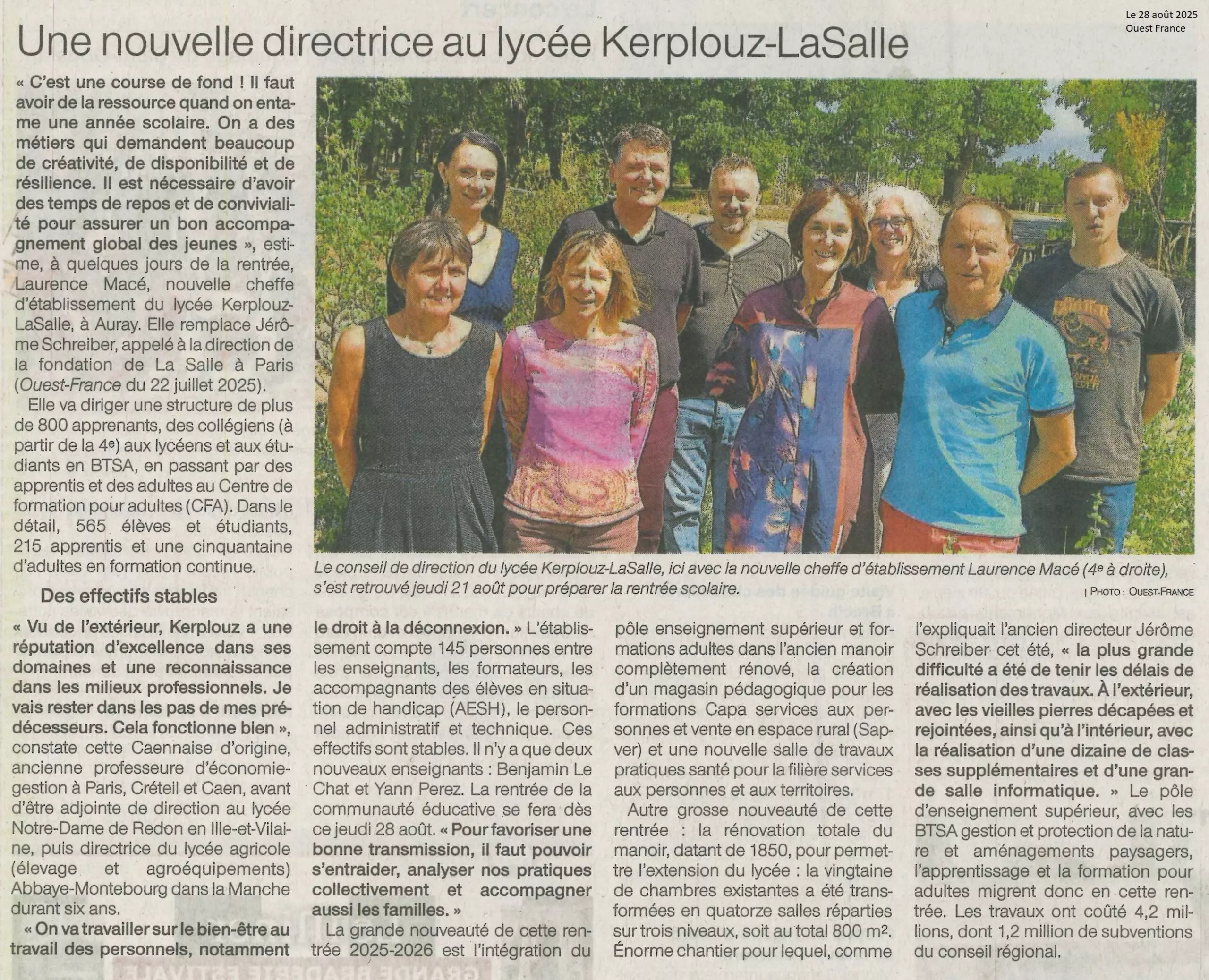 Une nouvelle directrice au lyc&eacute;e Kerplouz-Lasalle