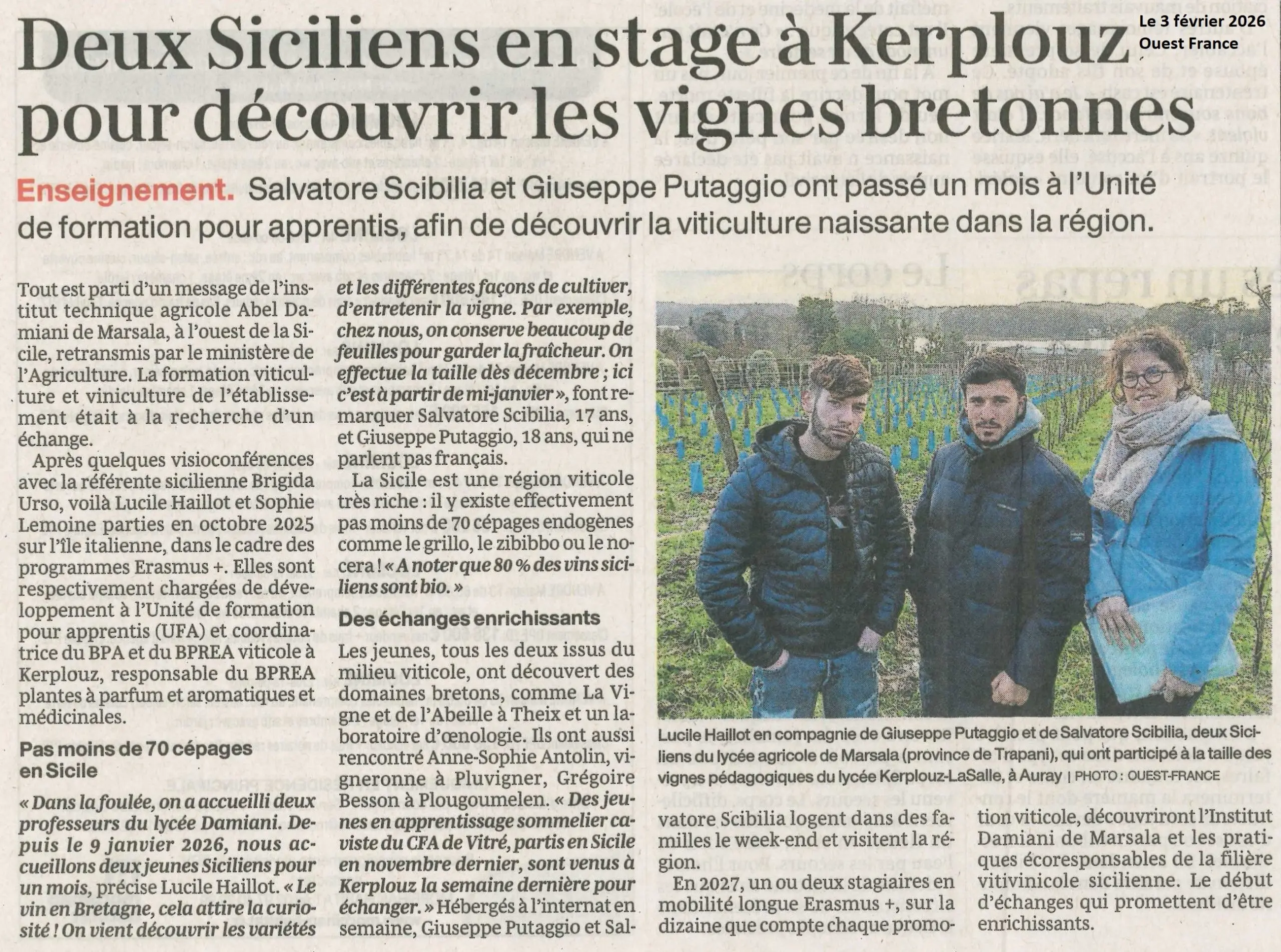 Deux siciliens en stage à Kerplouz pour découvrir les vignes bretonnes