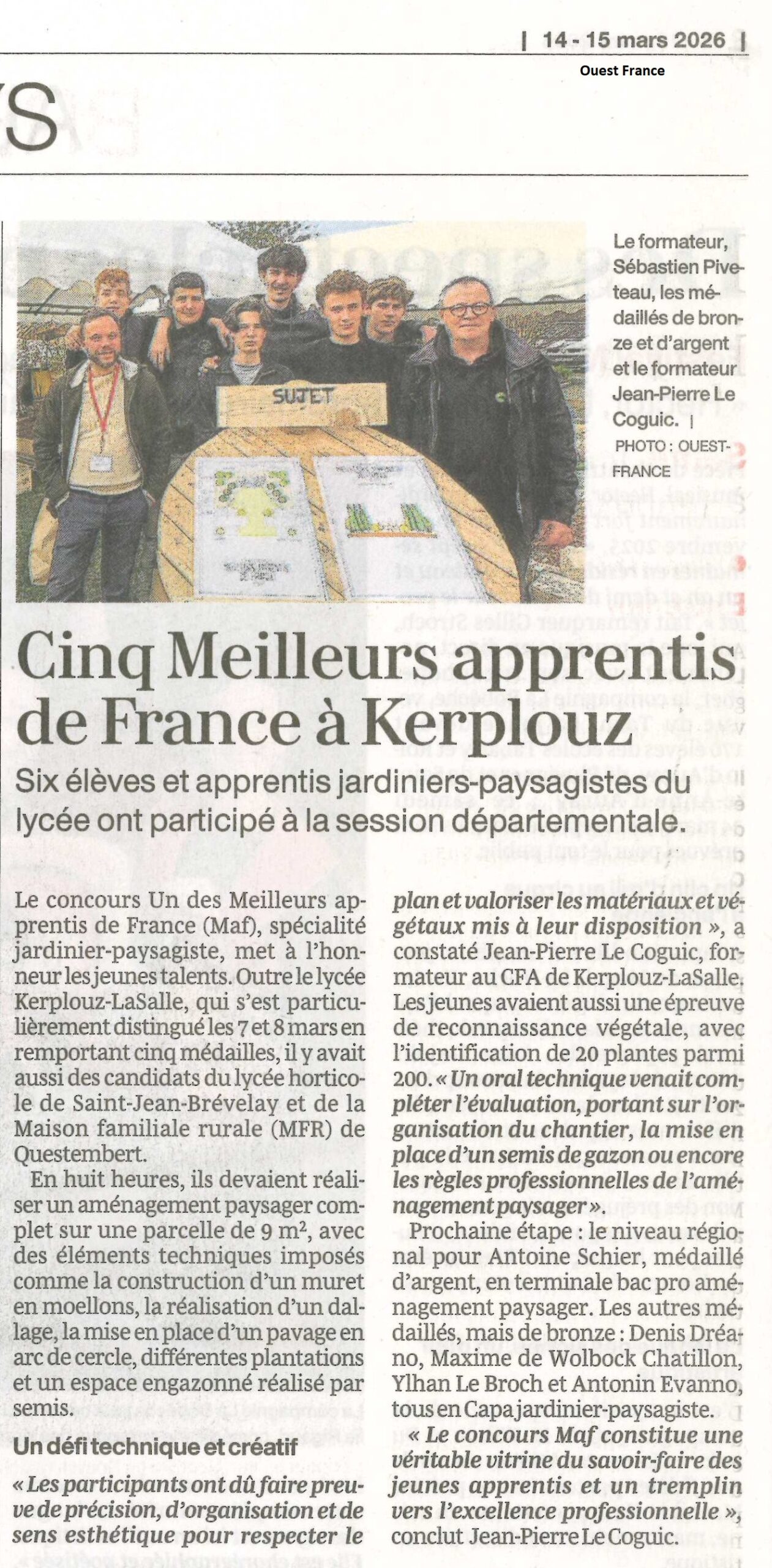 Cinq Meilleurs apprentis de France &agrave; Kerplouz