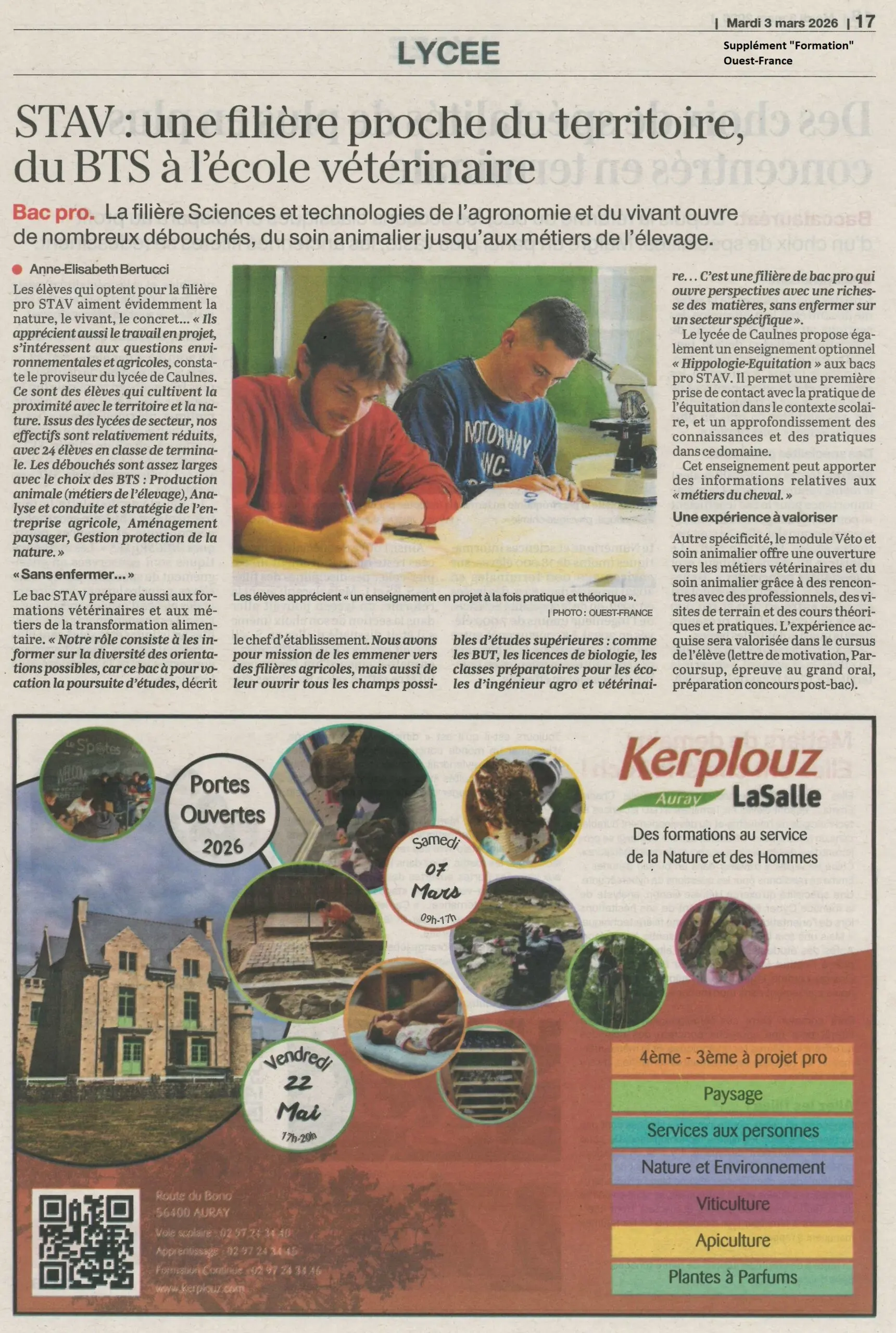 Portes Ouvertes Kerplouz-Lasalle dans le suppl&eacute;ment &laquo;&nbsp;Formation&nbsp;&raquo; de Ouest France