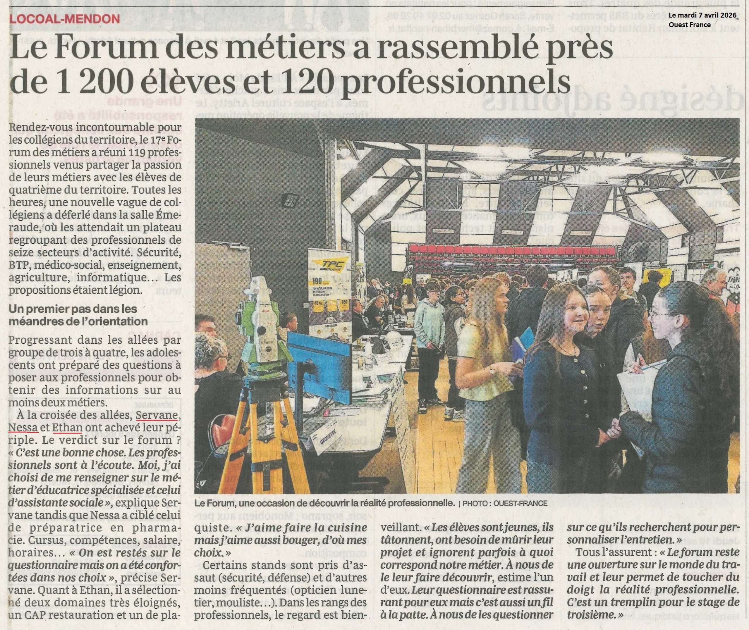 Le Forum des m&eacute;tiers a rassembl&eacute; pr&egrave;s de 1200 &eacute;l&egrave;ves et 120 professionnels (interviews de Servane, Nessa et Ethan de 4&egrave;me Jaune)