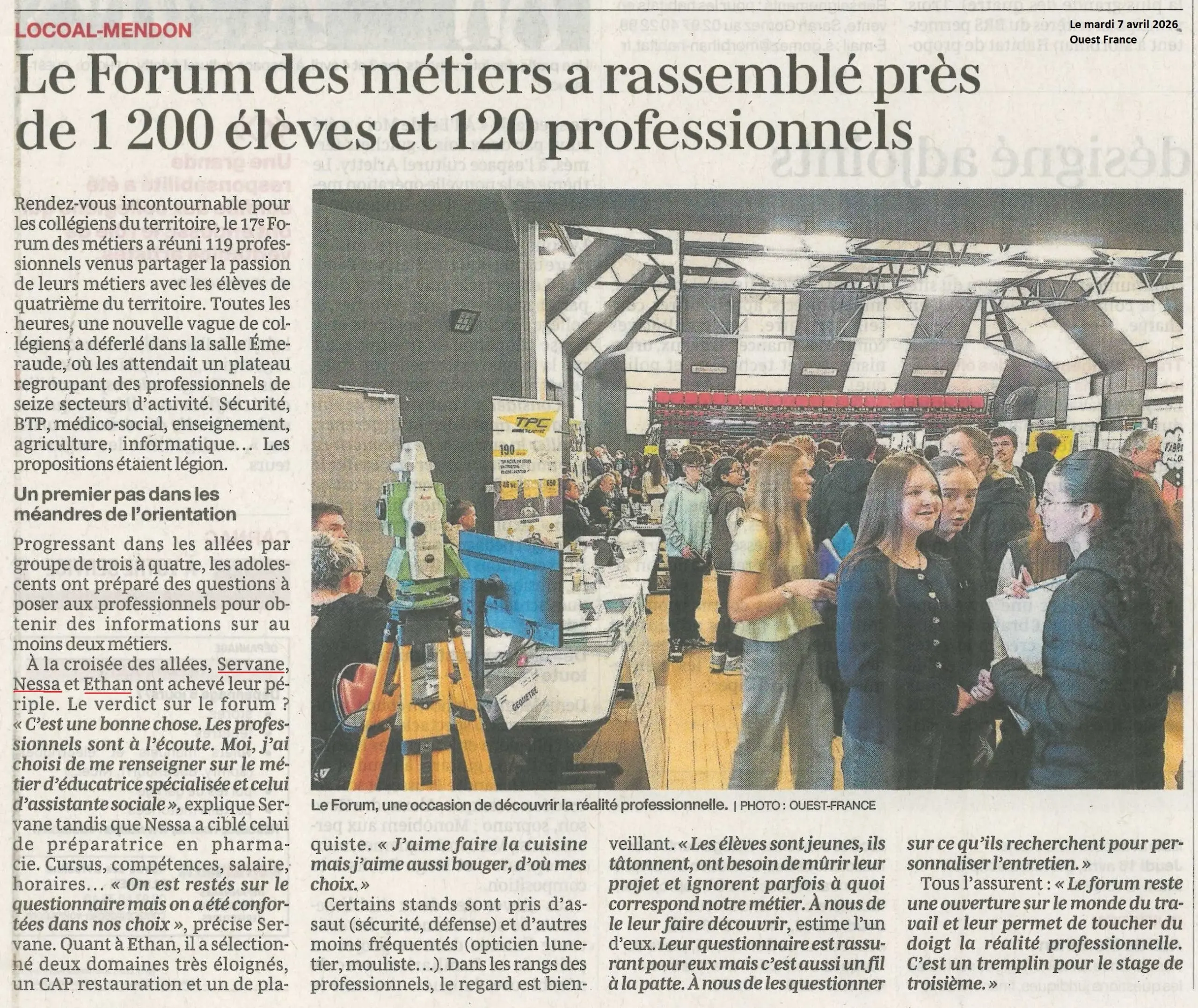 Le Forum des m&eacute;tiers a rassembl&eacute; pr&egrave;s de 1200 &eacute;l&egrave;ves et 120 professionnels (interviews de Servane, Nessa et Ethan)