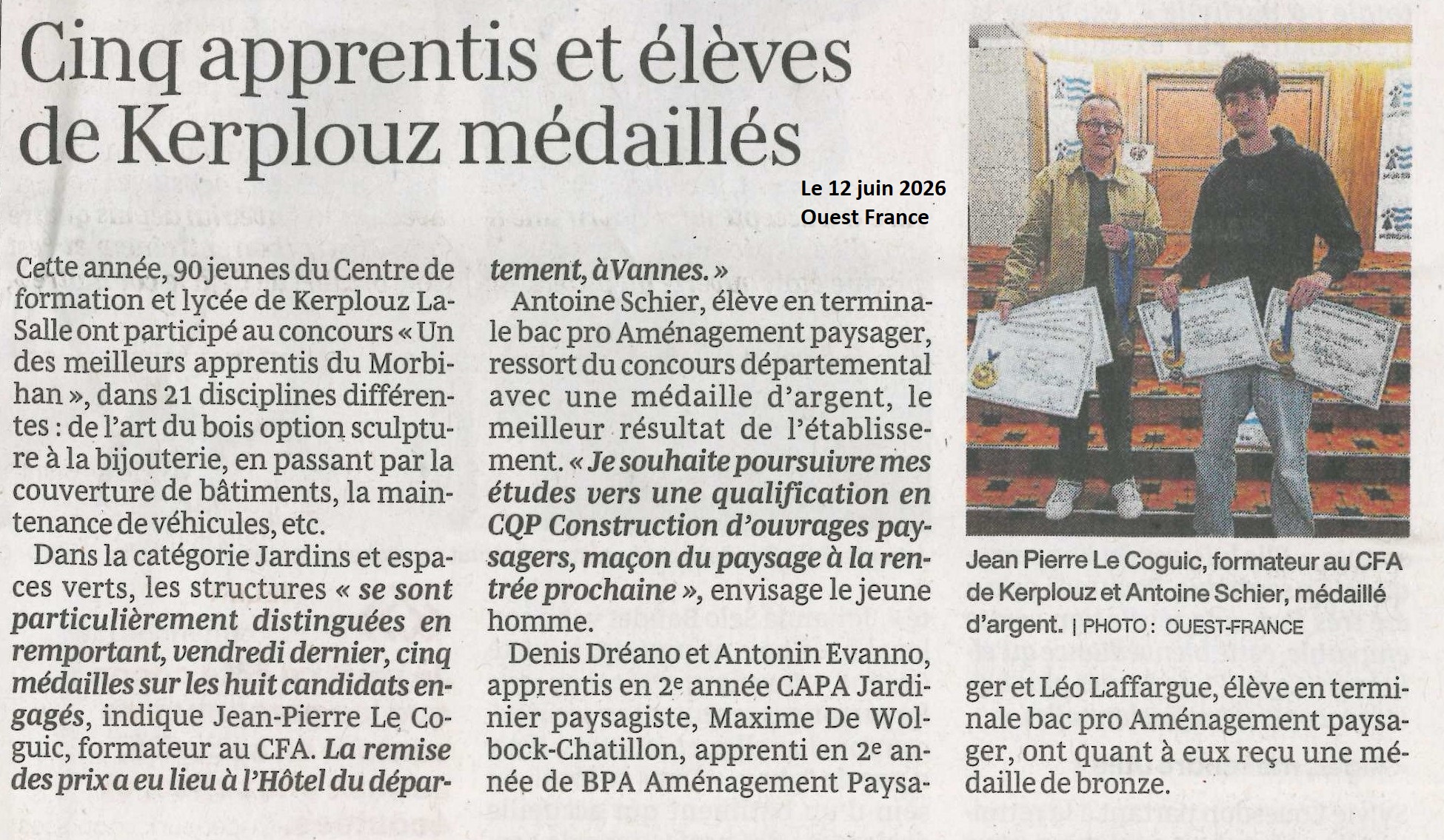 Cinq apprentis et élèves de Kerplouz médaillés