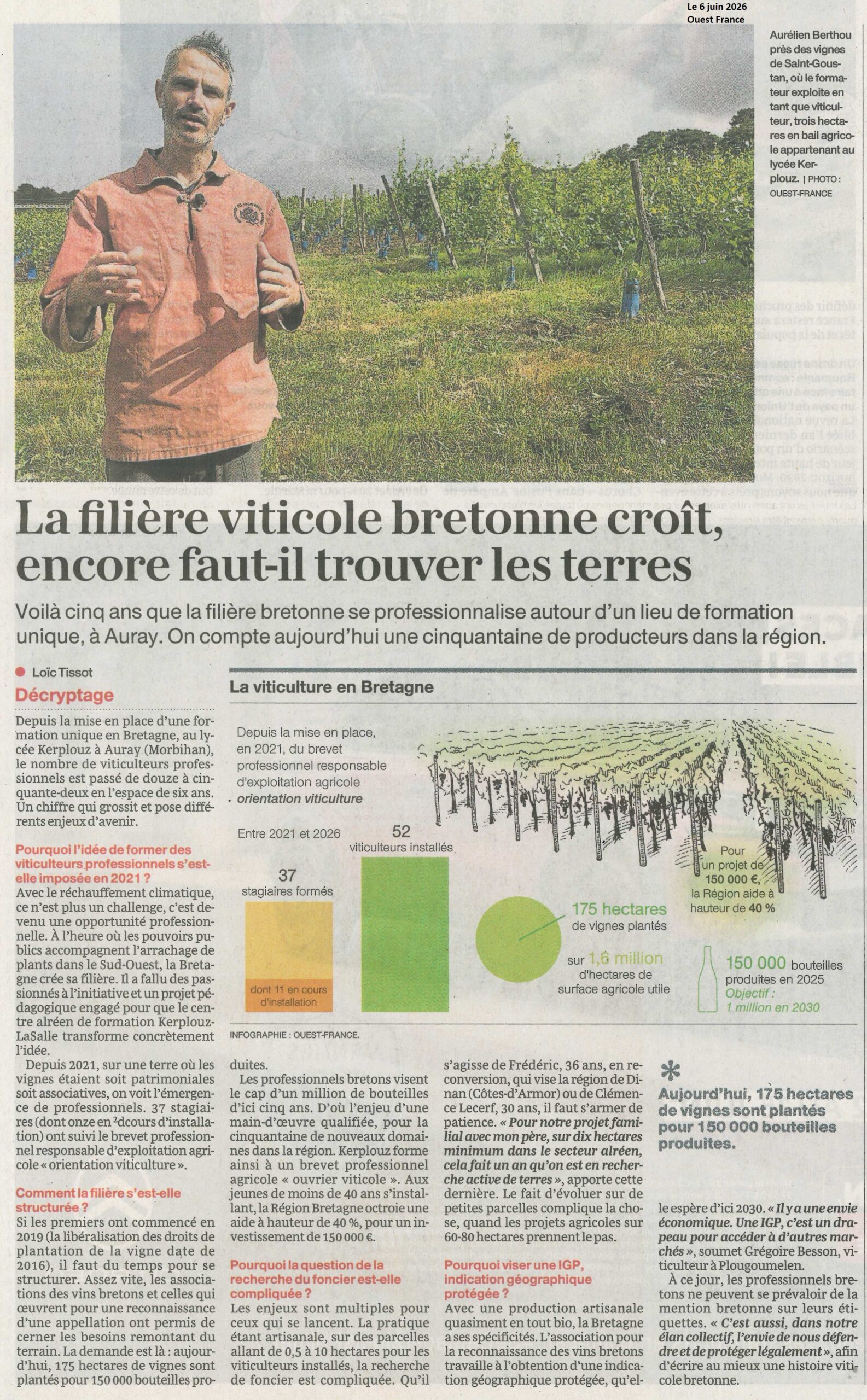 La fili&egrave;re viticole bretonne cro&icirc;t, encore faut-il trouver les terres